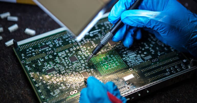 Tests electronic equipment, with protective gloves, in service center.