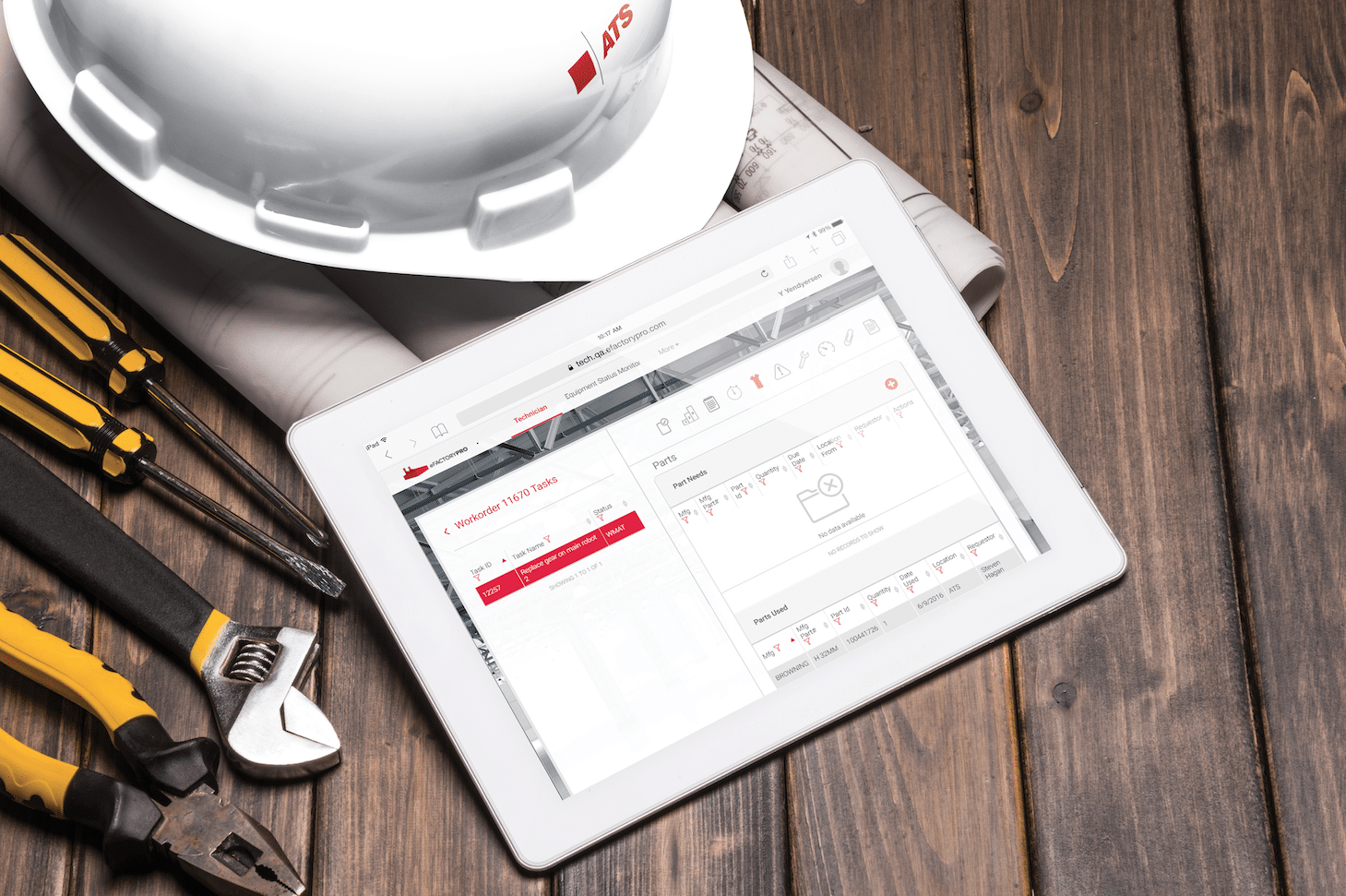 ATS hard hat, tablet, tools and rolled documents.