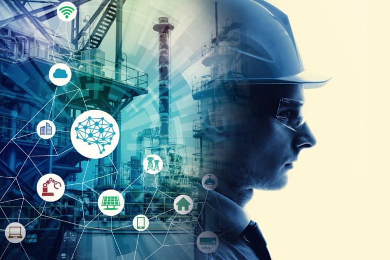 Man in hard hat with IIoT icons overlaid