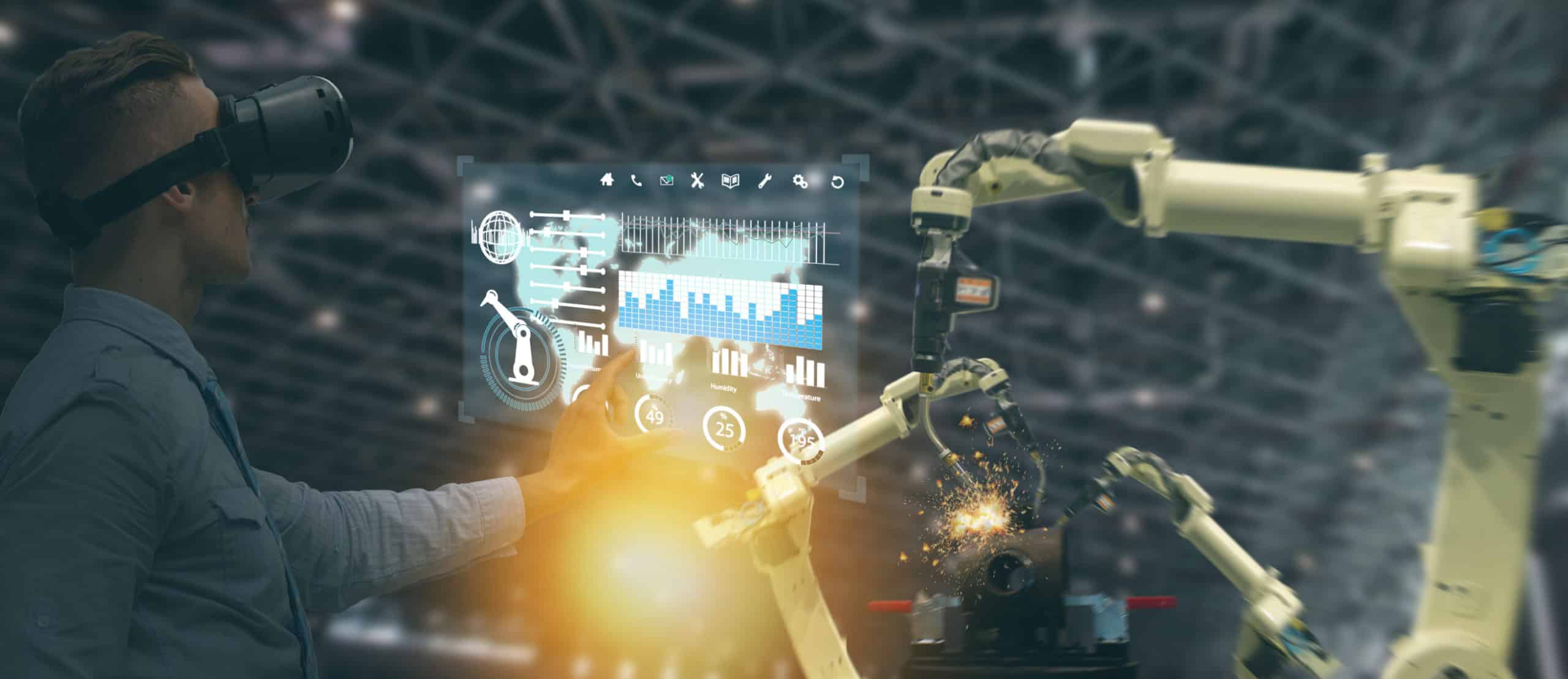 Man in VR headset interacting with augmented interface.