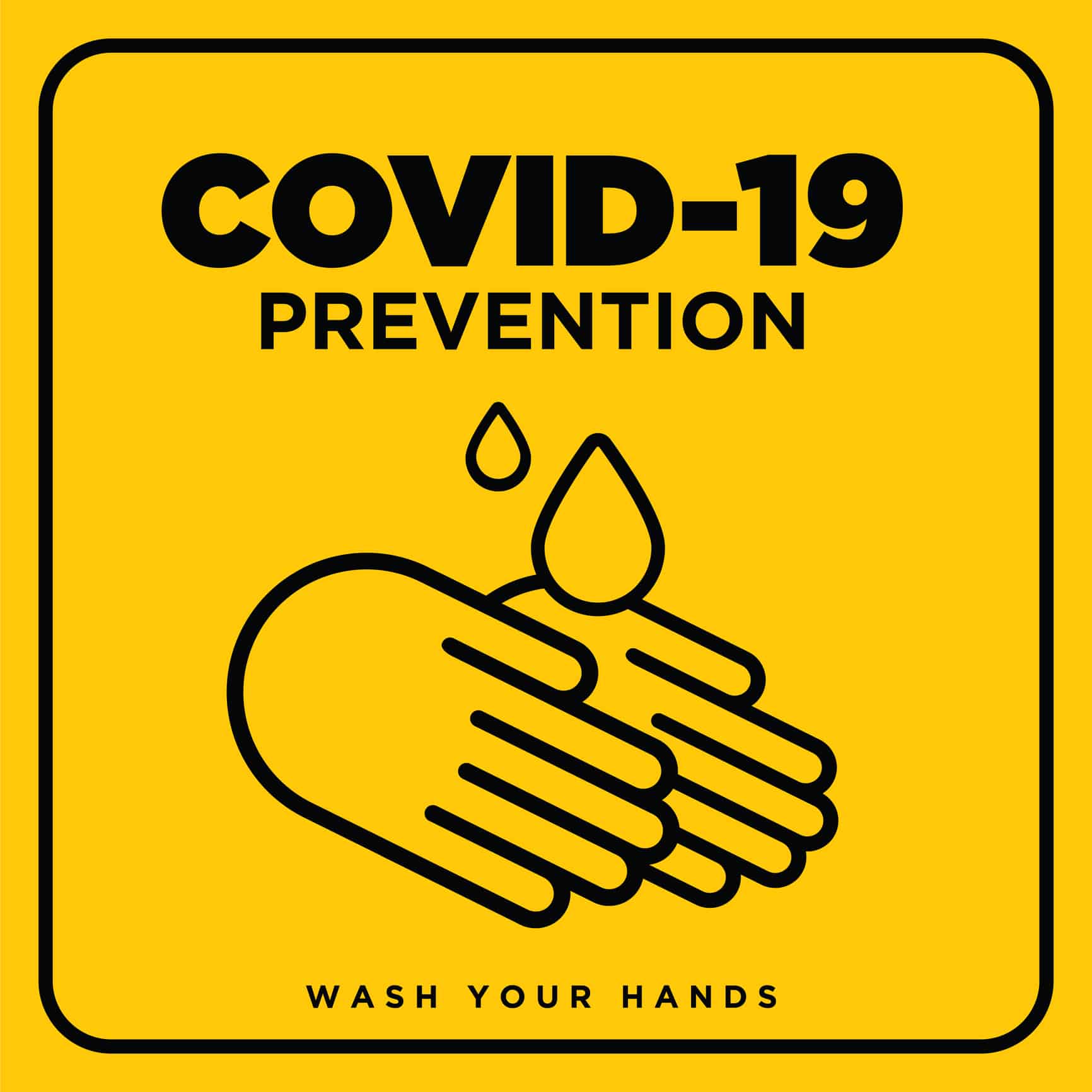 Warning on yellow sign for covid-19 prevention. 