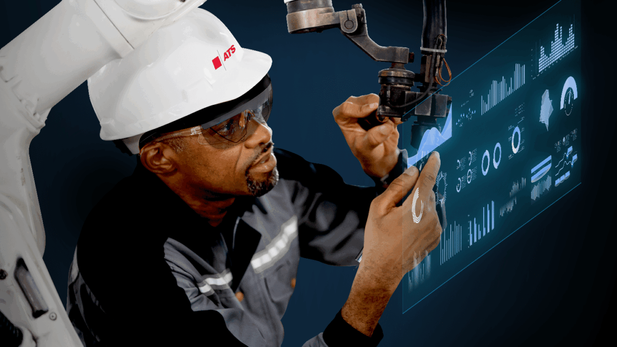 Illustration showing AR and VR technologies enhancing maintenance processes in a manufacturing setting by ATS.