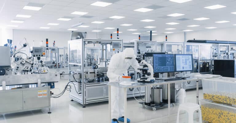Shot of sterile pharmaceutical manufacturing laboratory where scientists in protective coverall's do research, quality control and work on the discovery of new medicine.
