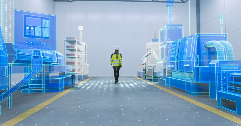 Female engineer walks through factory workshop with augmented reality 3D models CNC machinery production line.