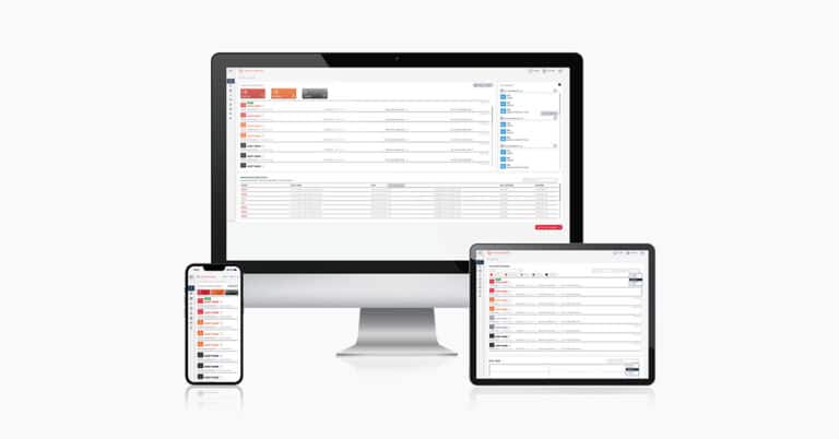 Desktop iPad and mobile dashboards showing machine health data.