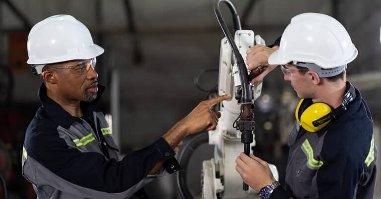 Two technicians in white hard hats repairing a robotic arm