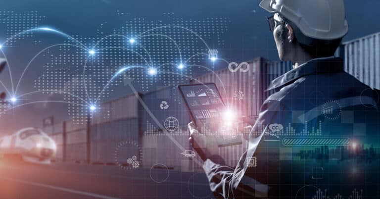 Man in hard hat holding a tablet in front of storage bins, with a supply chain ecosystem overlay.