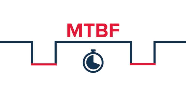 Red and navy graphic with the acronym MTBF (mean time between failure).
