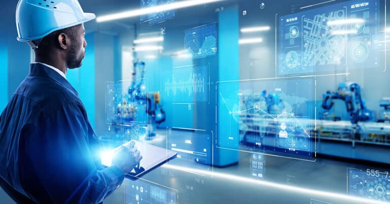 An engineer checking machine information on a tablet in a near-future factory, warehouse.