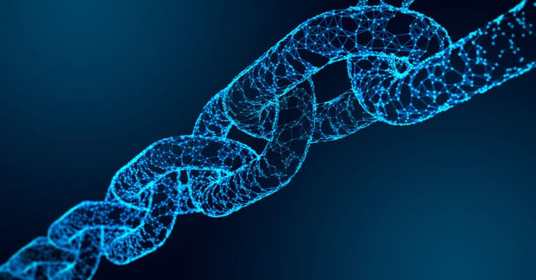 Blockchain crypto technology symbolizing chain of block in digital ledger for cryptocurrency like bitcoin.