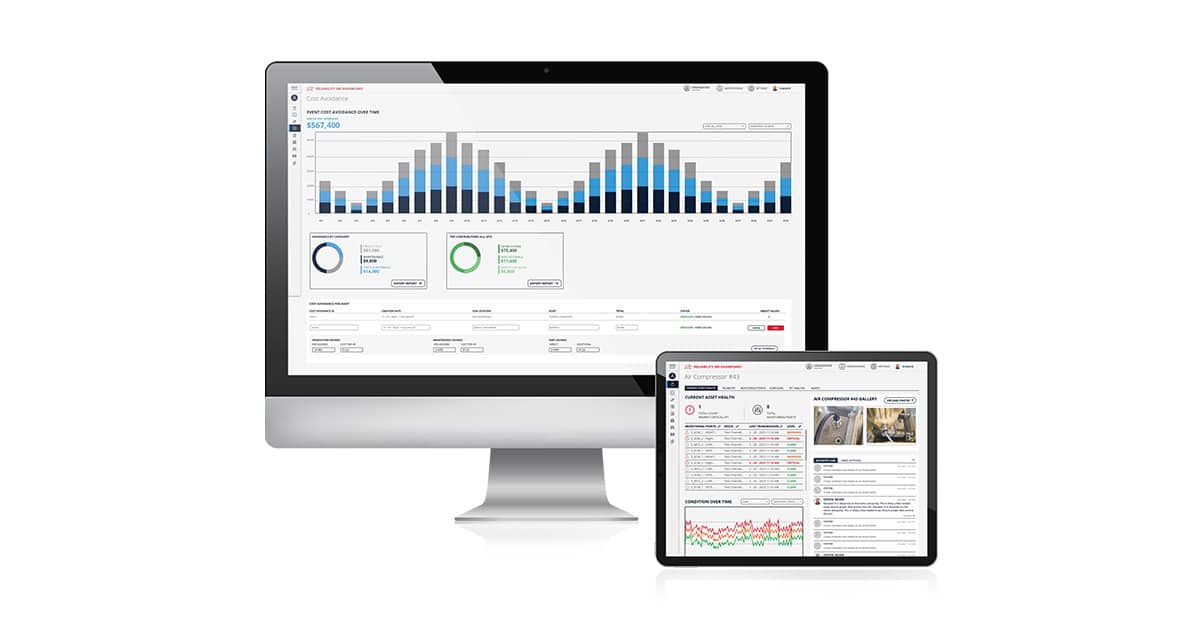 Reliability 360 Machine Health Monitoring cost savings dashboard on computer and asset alert dashboard on a tablet.