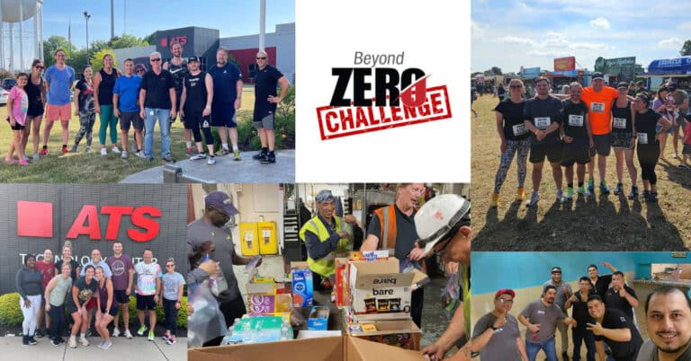 Images of ATS employees doing group workouts and volunteering.