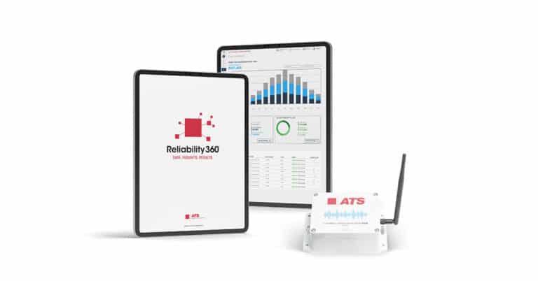 Reliability 360 logo and cost savings dashboard on tablets and an ATS sensor.