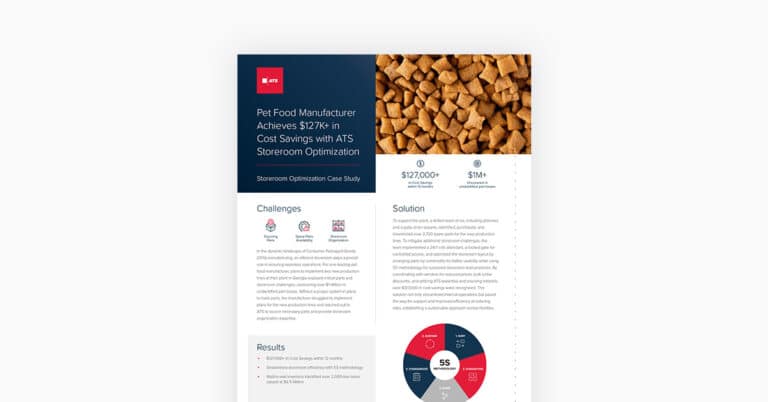 PDF page of case study 'Pet Food Manufacturer Achieves $127K+ in Cost Savings with ATS Storeroom Optimization'.