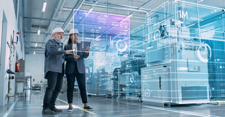Factory digitalization: Two industrial engineers using tablet. Visualization of tech facility in 3D rendered neural network.