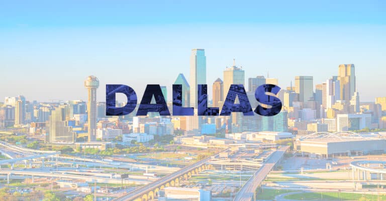 Graphic of Dallas skyline and with industrial manufacturing images within Dallas copy.