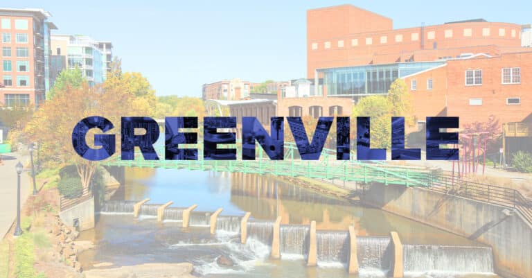 Graphic of Greenville skyline and with industrial manufacturing images within Greenville copy.