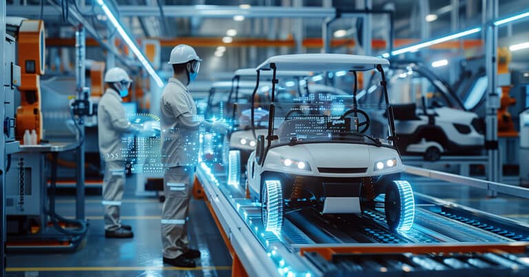 Golf cart on production line in technology driven manufacturing facility.