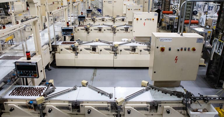 Manufacturing floor top-down view at chocolate factory