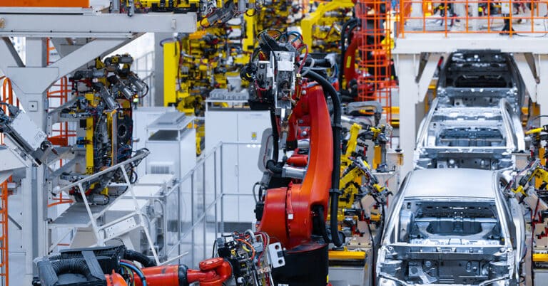 Assembly line production of new car. Automated welding of car body on production line using robotic arm.