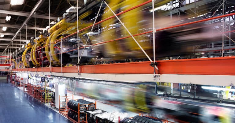 Wide angle lens of production line in a car factory.
