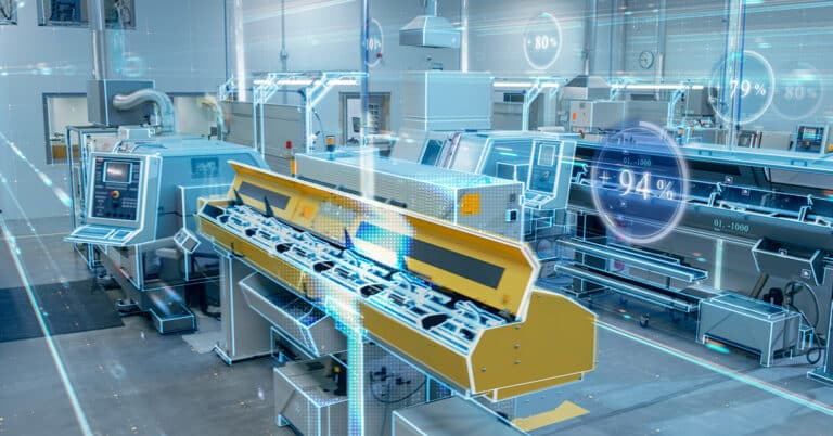 Futuristic factory showcasing digitalization with information lines lying.