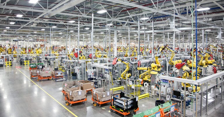 Top-down view of an automated manufacturing floor.