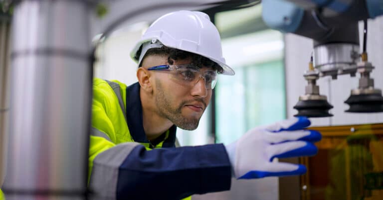 Technician work with robotic arm. Advance technology and industry concept.