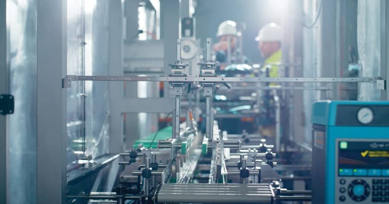 Machinery in factory with two engineers in the distance.