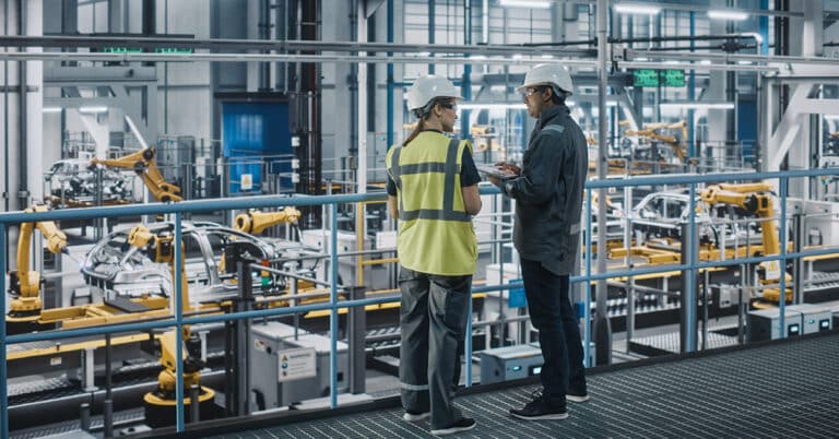 Male and female engineers overlooking automotive manufacturing environment.