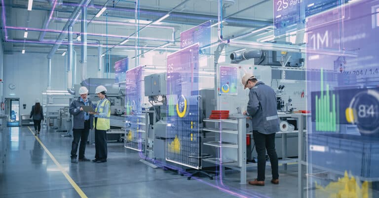Factory digitalization. Engineers using data visualization with computer.