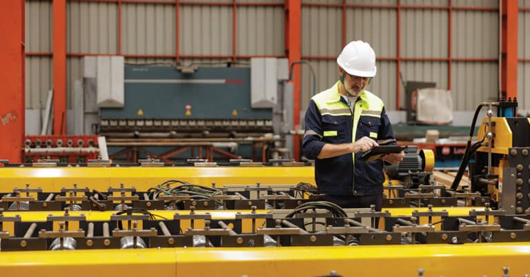 Male engineer wearing a safety helmet and reflective jacket using a tablet to inspect machines in an industrial plant.