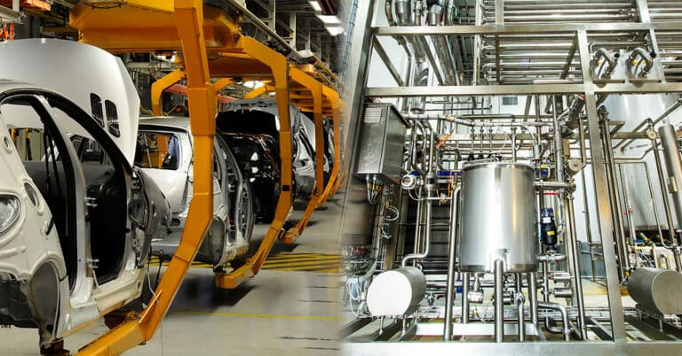 Concept image showing the differences between discrete and process manufacturing by using automotive and beverage manufacturing environments.